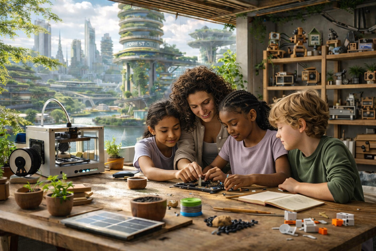 Edventures Lab — kids building with a 3D printer and solar panel in a future-ready city